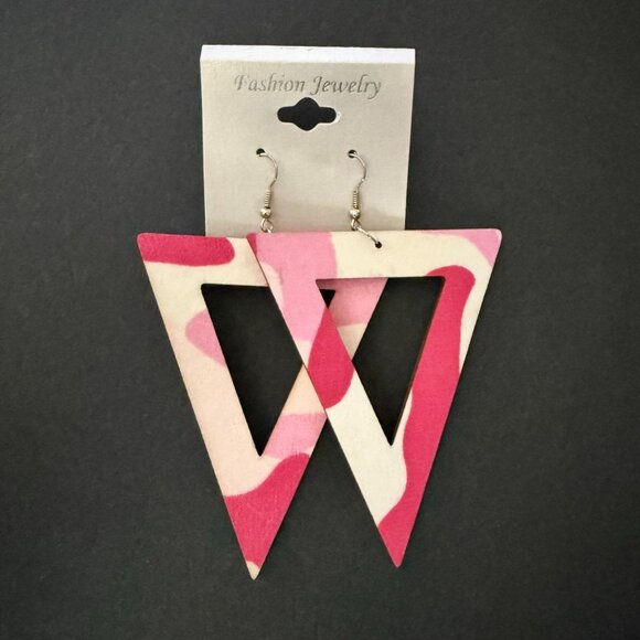 NOC Geometric Pink Camouflage Triangle Wooden Fabric Drop Earrings Lightweight - Picture 1 of 4